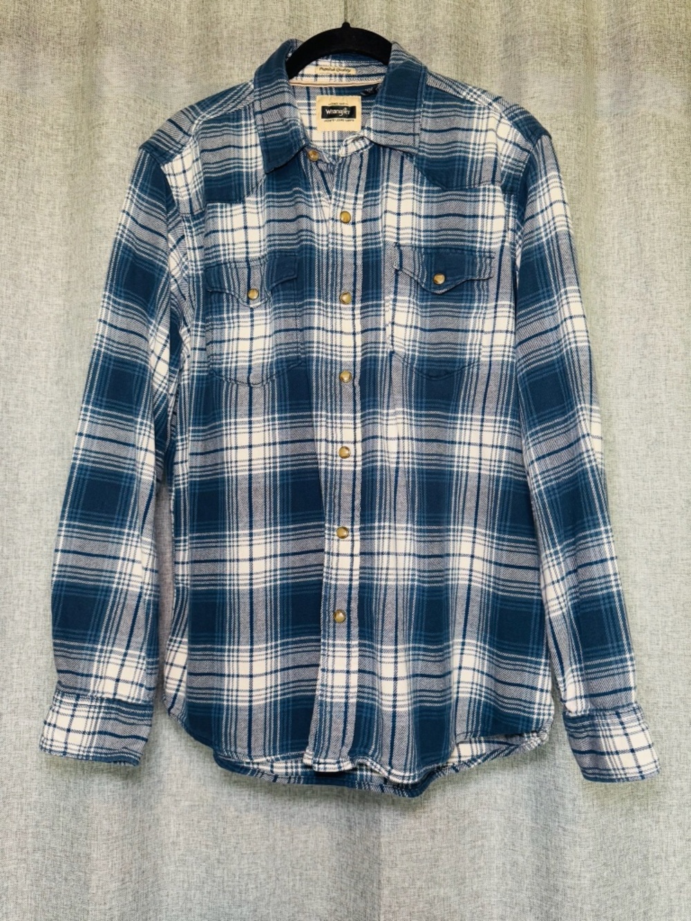 Wrangler Pearl Snap Shirt Mens L Blue Flannel Plaid Western Cowboy Vintage